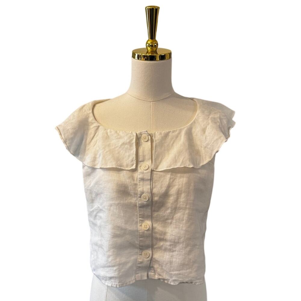 Sea New York White 100% Linen Cape Collar Ruffle Button Front Blouse Size 4 - Picture 3 of 7